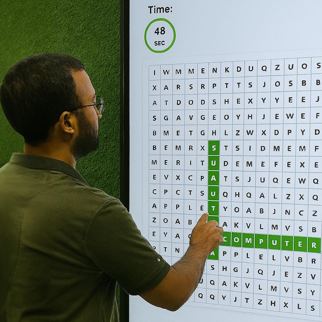 Guest playing interactive word search game at corporate event in Dubai, with branded screen, vibrant green backdrop